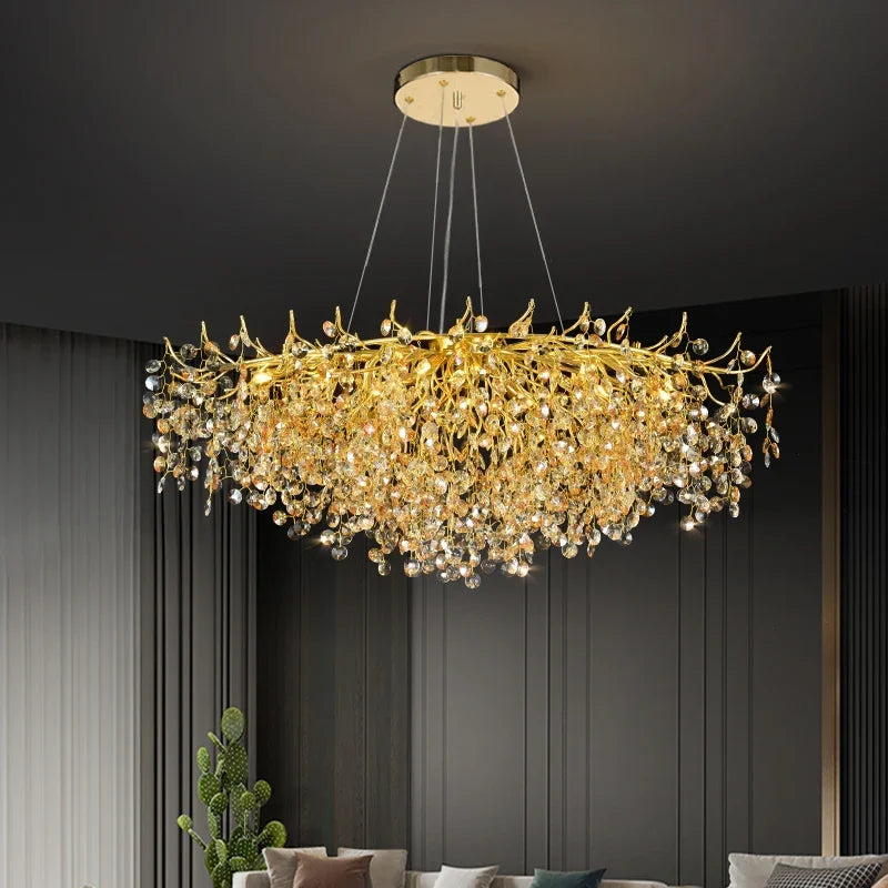 ثريا سقف كريستالية LED ذهبية من DecorBites™ بتصميم تشعبات - إضاءة فاخرة لغرفة المعيشة