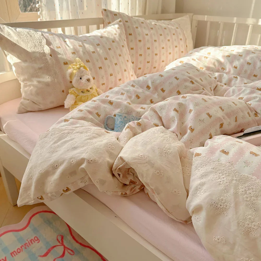DecorBites™ French Lace Washed Cotton Bedding Sets for King Queen Beds