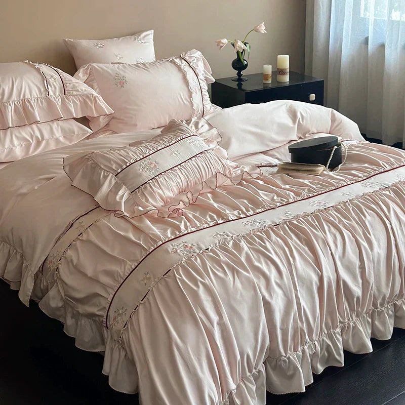 DecorBites™ 1000TC Cotton Flowers Embroidery Lace Ruffles Bedding Set