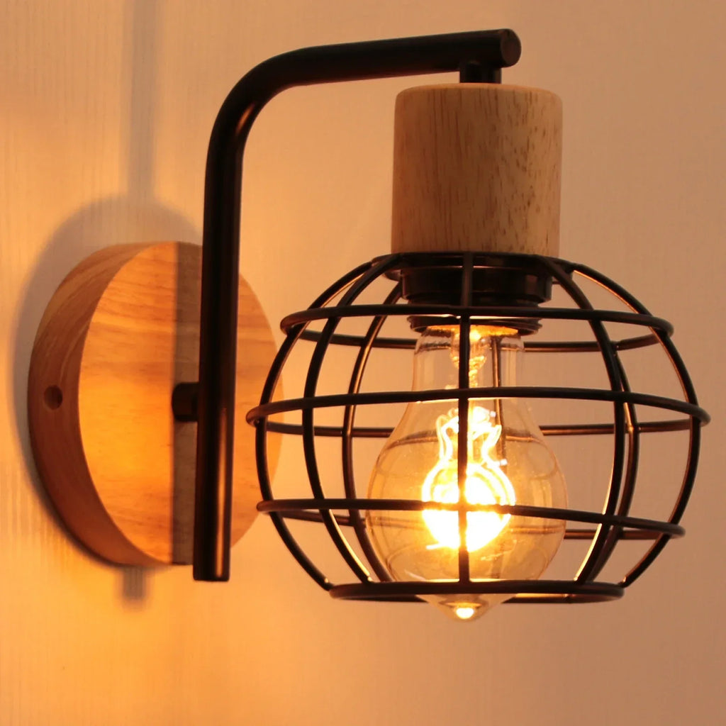 DecorBites™ Iron Wood Wall Lamp Shade: Nordic Indoor Sconce for Bedroom, Living Room, Restaurant