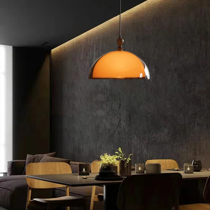 Brown Acrylic Pendant Light With Dark Wood Accent