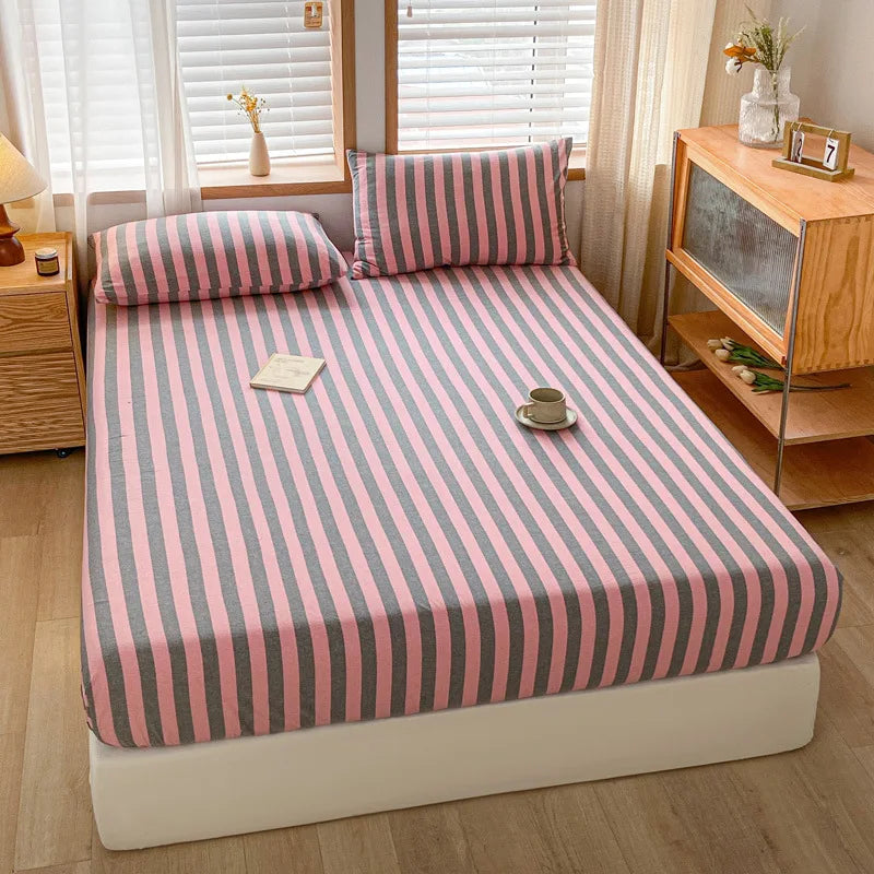 DecorBites™ Cotton Stripe Fitted Sheet- Single Cozy Mattress Cover with Elastic Band