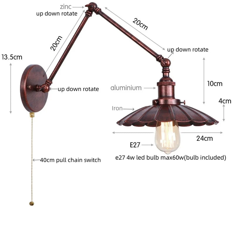 DecorBites™ Gold LED Industrial Wall Lamp with Pull Chain Switch
