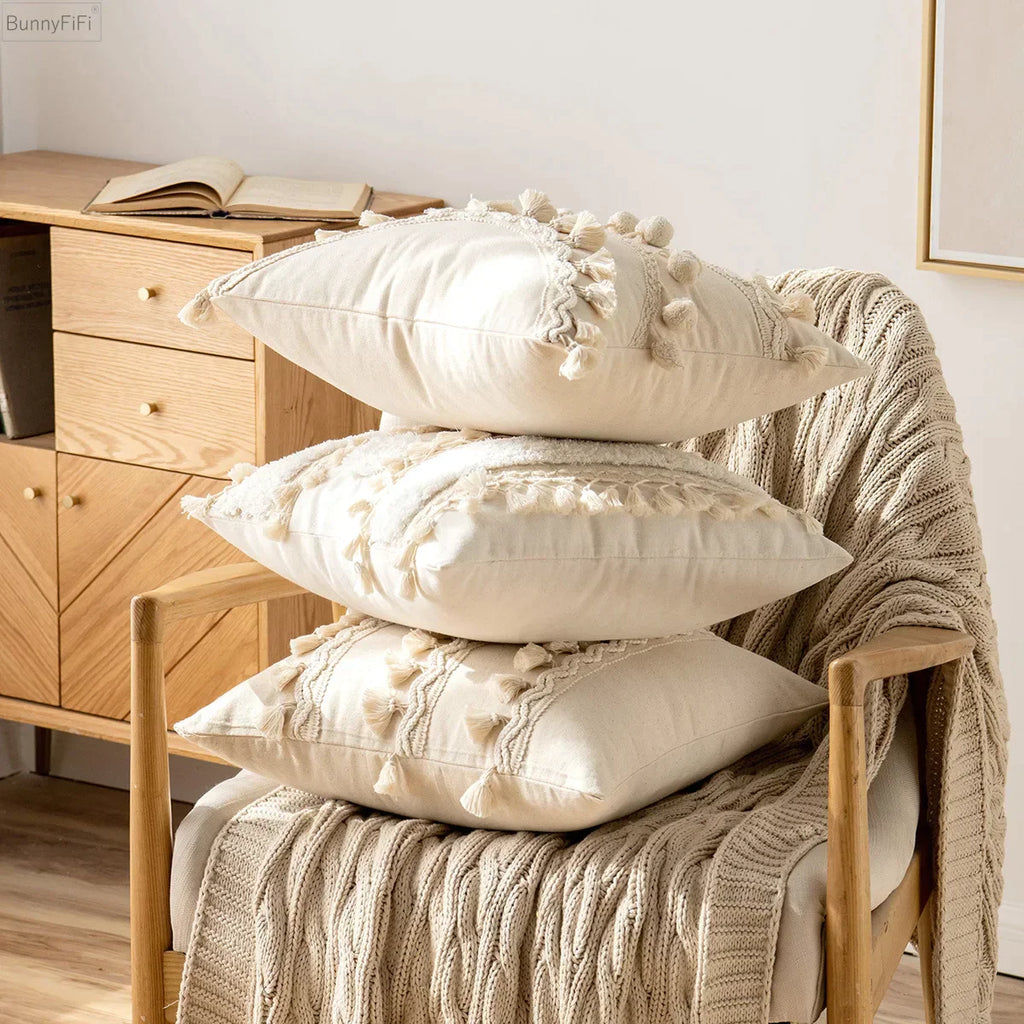 DecorBites™ Ivory Pompom Tassel Pillow Cover 45x45cm/30x50cm Home Decor Sofa Seasonable
