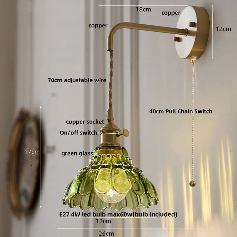 DecorBites™ Amber Glass LED Wall Light with Pull Chain Switch, Modern Nordic Flower Wall Sconce