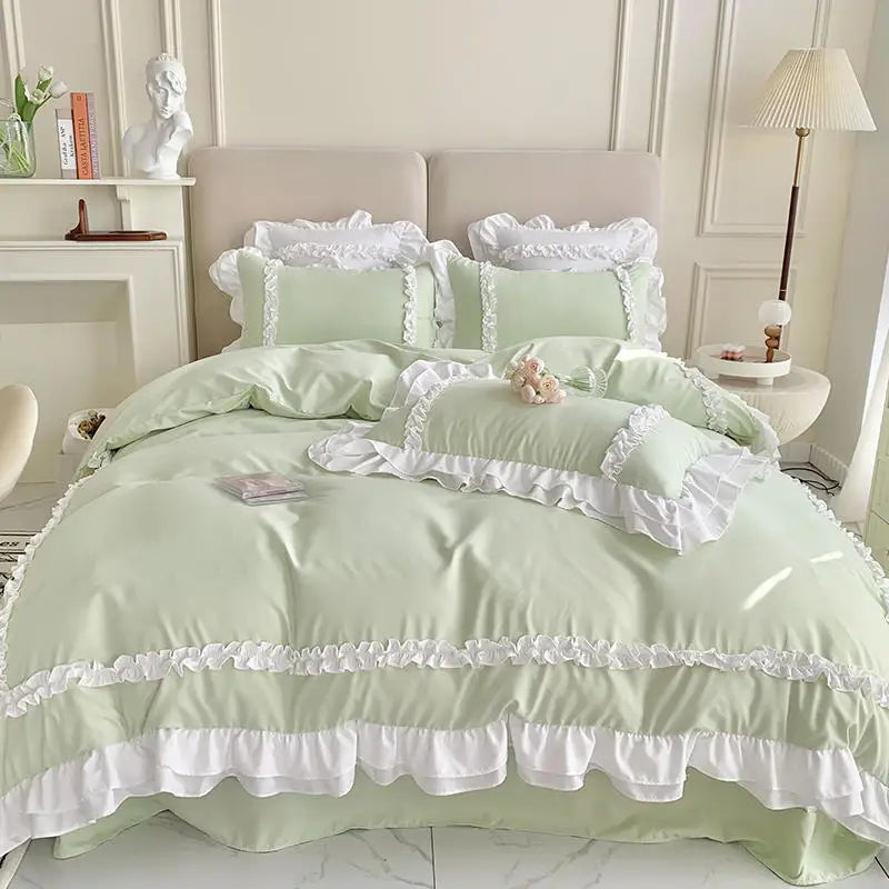 طقم سرير الأميرة الكورية لوليتا من 4 قطع من DecorBites™ من القطن المغسول السادة
