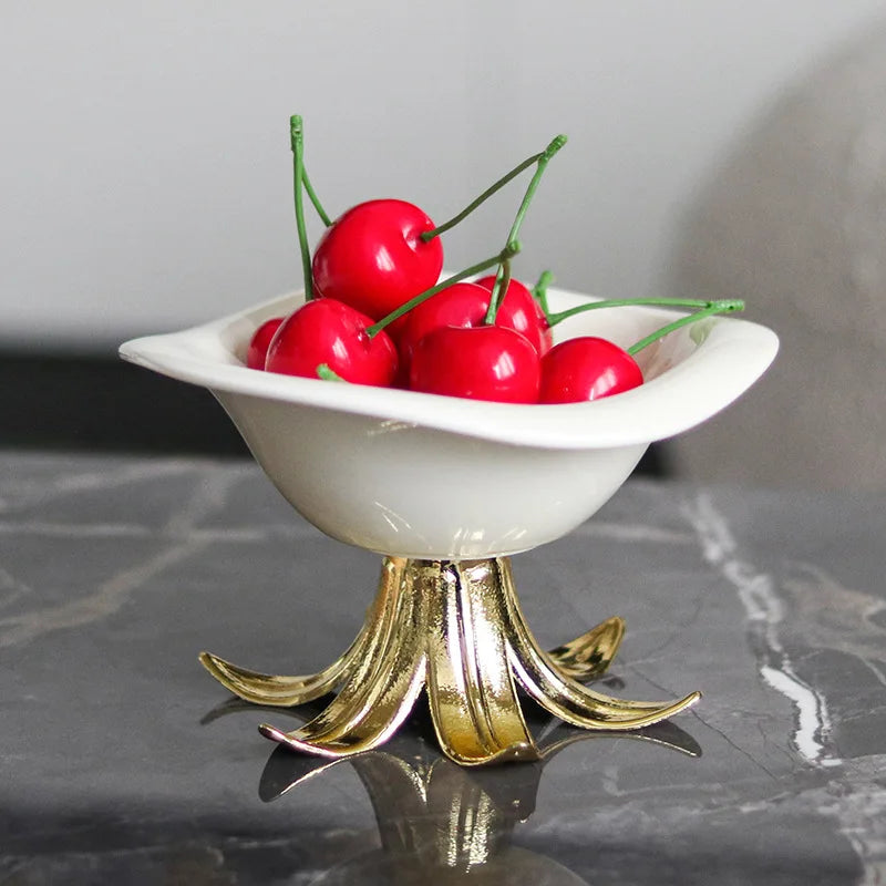 DecorBites™ طبق فاكهة من السيراميك بتصميم أغصان ذهبية - وعاء صينية إكسسوارات ديكور المنزل