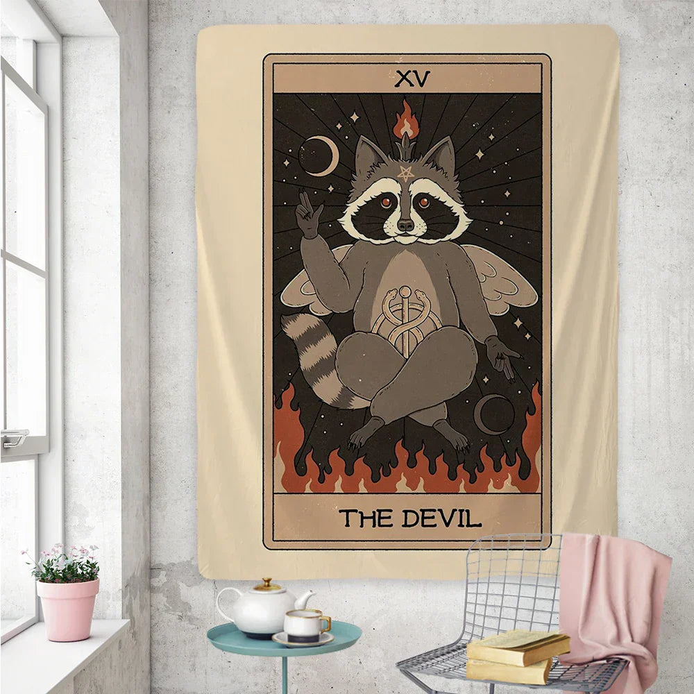 DecorBites™ Cute Raccoon Tarot Card Tapestries: Boho Mystery Art for Hippie Home Decor