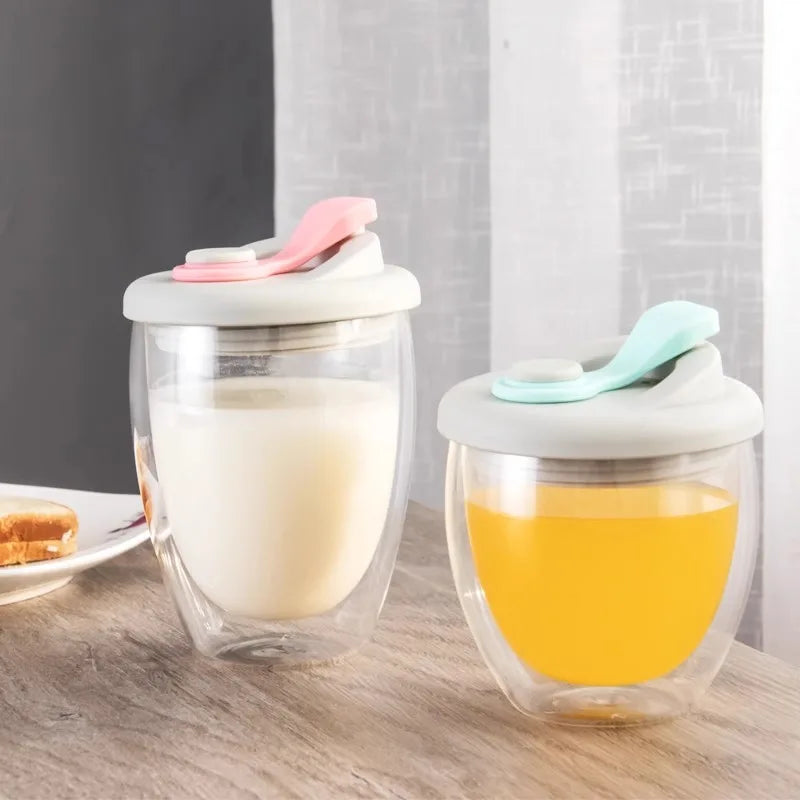 كوب قهوة DecorBites™ زجاجي عازل مزدوج الطبقات مع غطاء مقاوم للحرارة