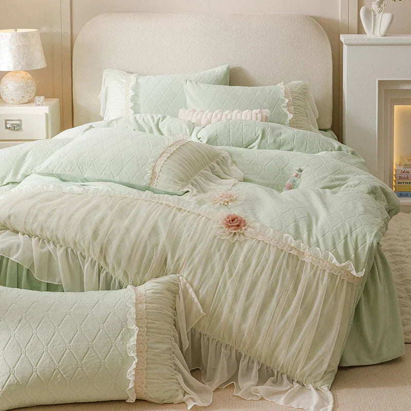 DecorBites™ Cozy Velvet Lace Flowers Princess Bedding Set