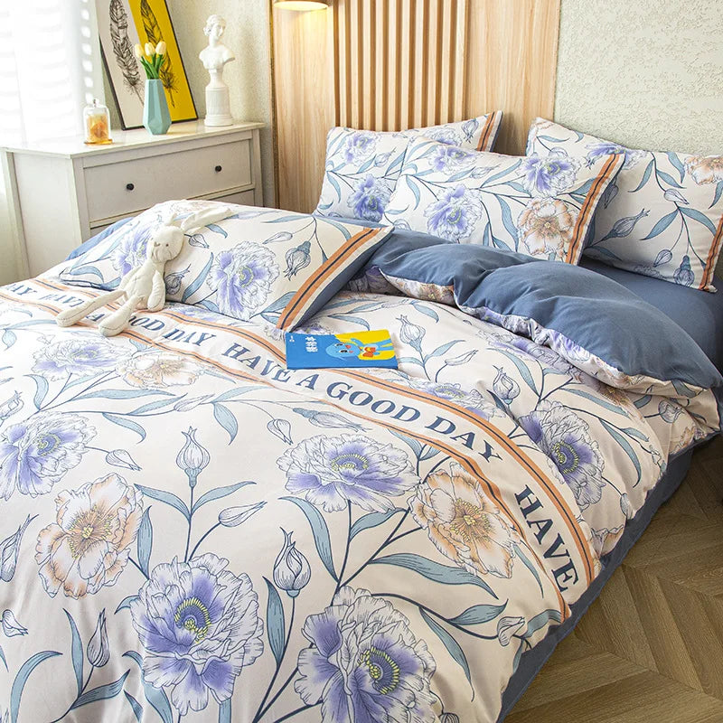 DecorBites™ Green Leaf Print Bedding Set with Flat Sheet & Pillowcase, Single Queen Size
