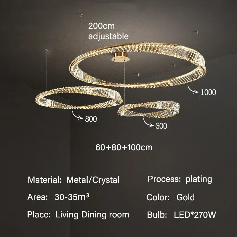 ثريا قلادة كريستال ذهبية بتقنية LED من DecorBites™ لإنارة غرف المعيشة والطعام الفاخرة والديكور