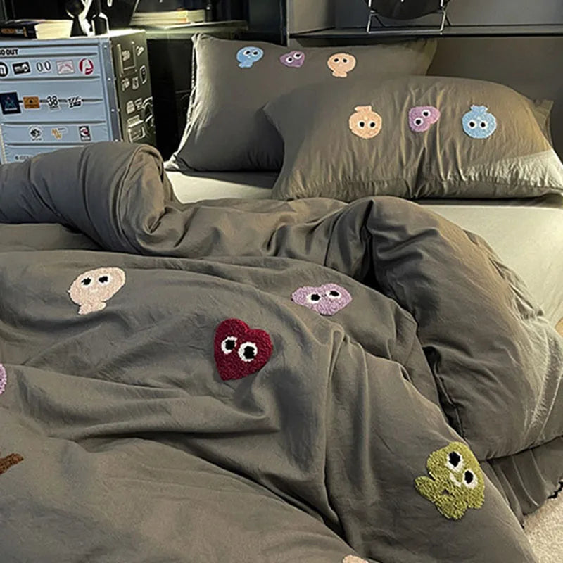DecorBites™ Cotton Cartoon Towel Embroidery Bedding Set: Quilt Cover, Bed Sheet, Pillowcases