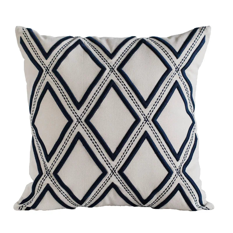 DecorBites™ Geometric Embroidery Cushion Cover Navy Blue White Yellow 50x50cm Home Decor Pillow