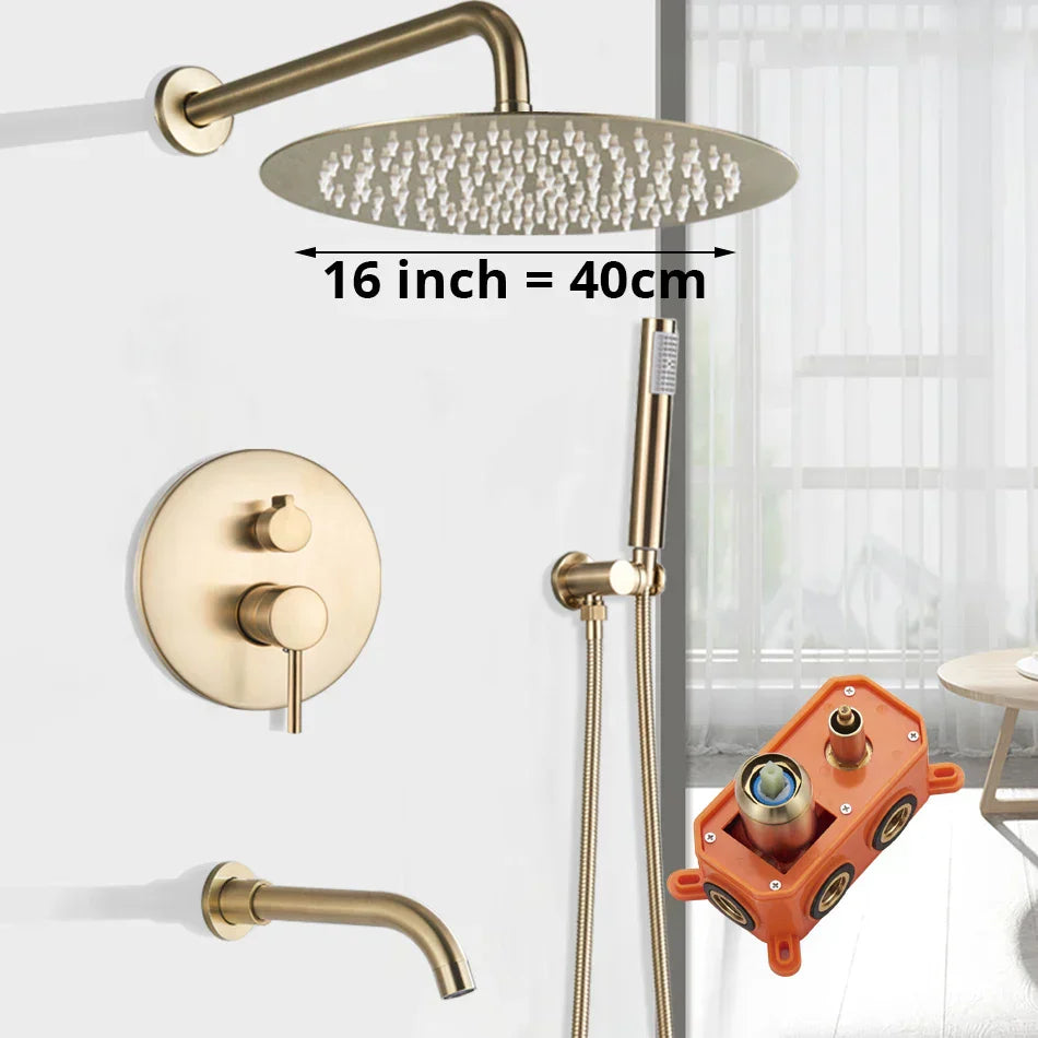 DecorBites™ Gold Shower Faucet with Rainfall Head and Hand Sprayer - Wall Mount Mixer Set