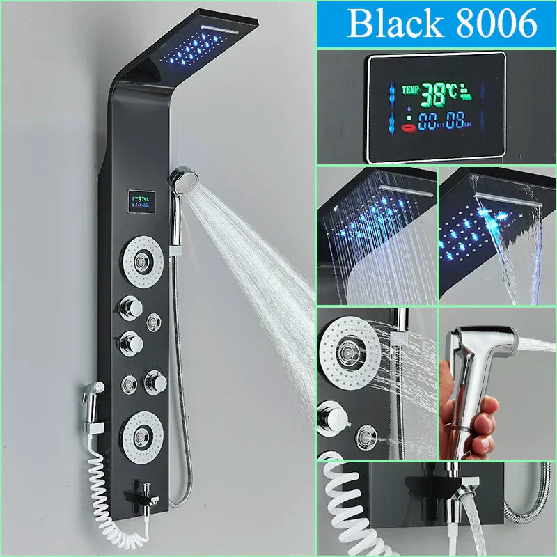 نظام دش إضاءة LED زرقاء من DecorBites™ مع شاشة عرض درجة الحرارة، عمود تدليك، شلال مطري