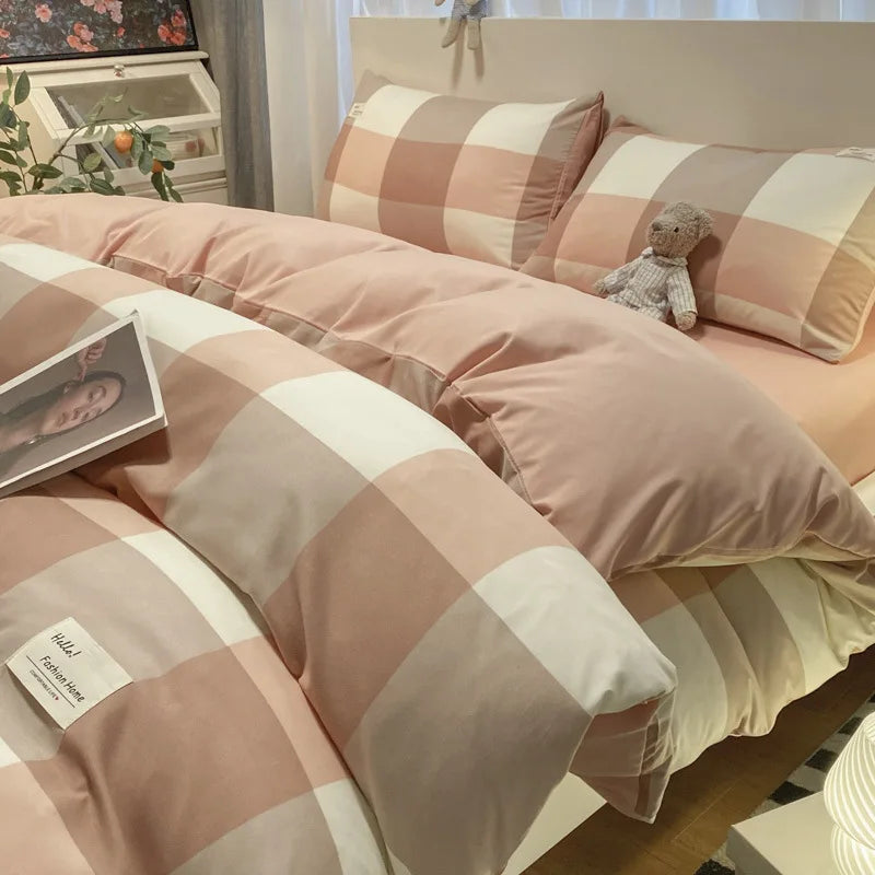 طقم مفروشات سرير قطني بطبعة شبكية يابانية من DecorBites™ مقاس كوين/كينغ لنوم مريح