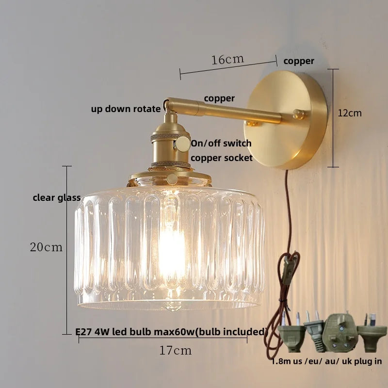 DecorBites™ Clear Glass LED Wall Sconce, Modern Rotating Bedside Lamp with Pull Chain & Copper Socket