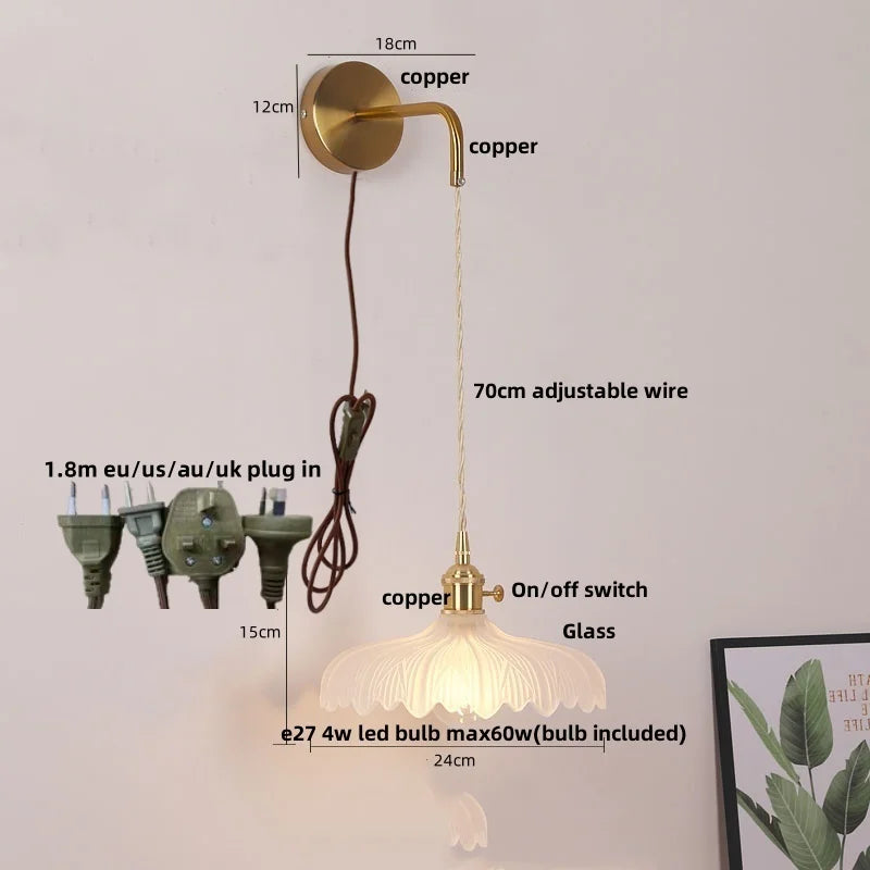مصابيح جدارية نحاسية زجاجية DecorBites™ LED | مفتاح بسلسلة سحب | مصباح حمام قابل للتعديل