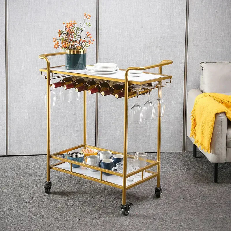 DecorBites™ Drinks Trolley with Wine Rack, Glass Holder, Cup Holder, 2 Racks - Black Gold