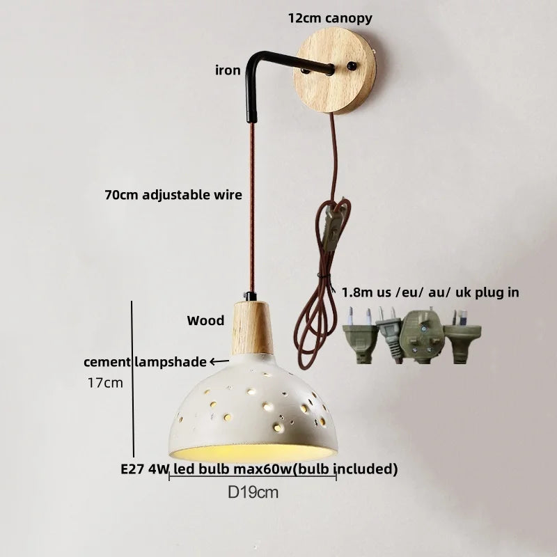 DecorBites™ Adjustable Wall Lights Pull Chain Switch Wood Socket Cement Modern Bedside Lamp