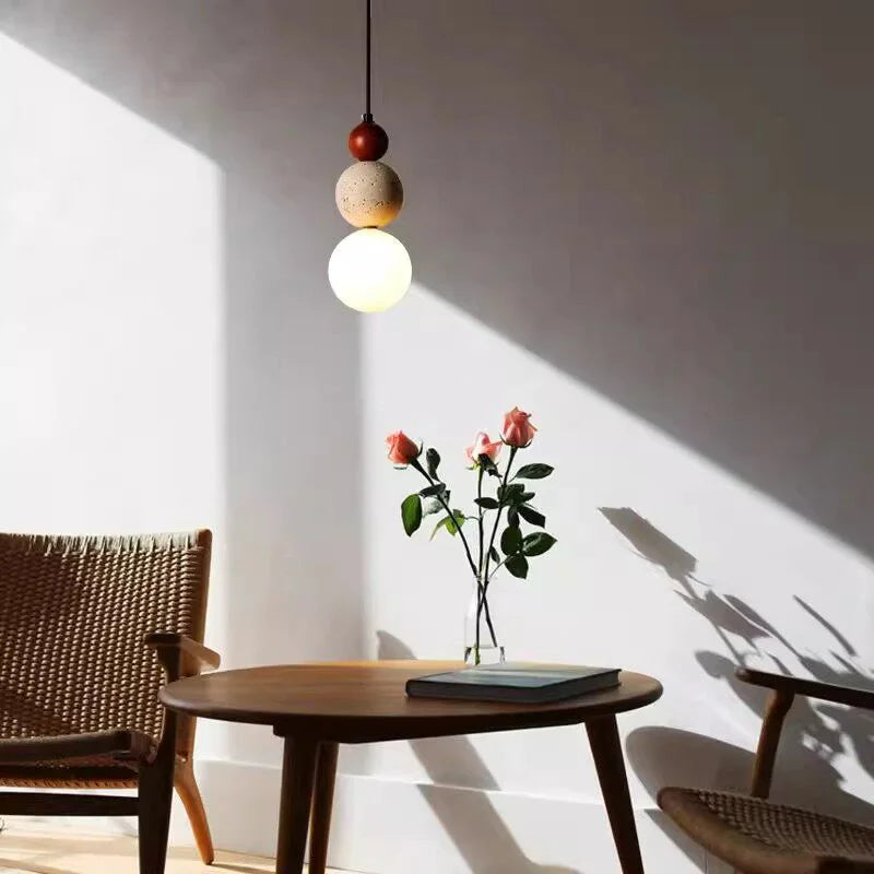 Travertine Stone and Wood Bauhaus Pendant Light