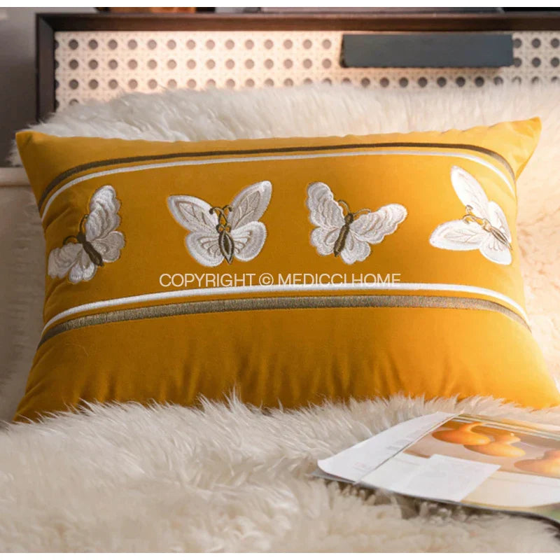 DecorBites™ French Night Velvet Throw Pillow Case with Embroidered Butterflies