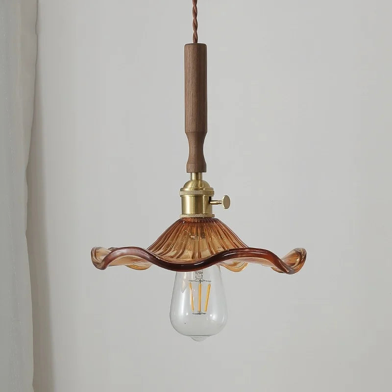 DecorBites™ Amber Glass LED Pendant Light, Nordic Modern Design, Walnut Wood, Dining Living Room Lighting