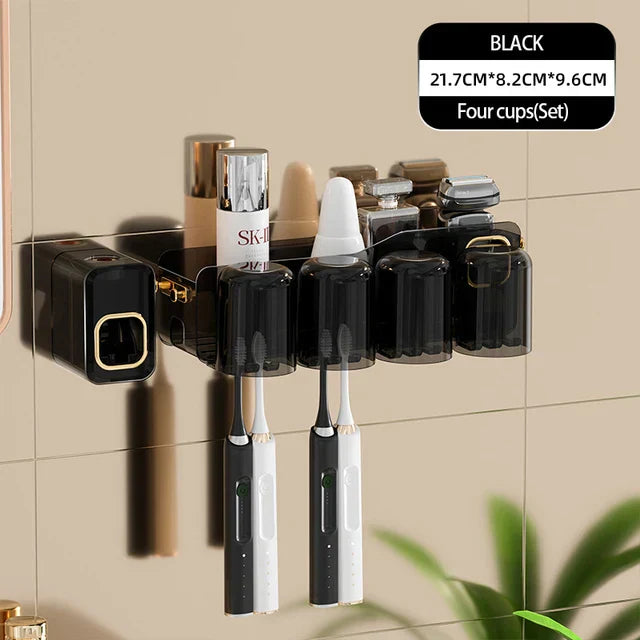 DecorBites™ Support de Brosse à Dents Inversé avec Distributeur de Dentifrice Automatique et Rangement de Maquillage