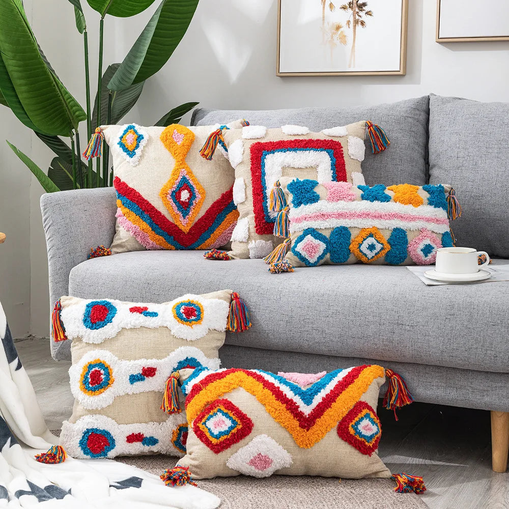 DecorBites™ Geometric Hand-Embroidered Tassel Pillowcase