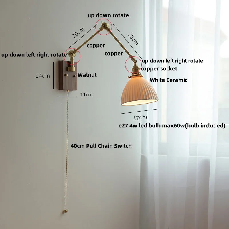 DecorBites™ Ceramic LED Wall Light Rotatable Walnut Bedside Lamp