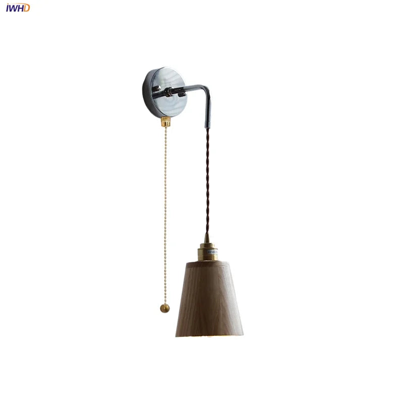 DecorBites™ Ash Wood LED Wall Light with Pull Chain Switch, Japanese Style Bedside Lamp