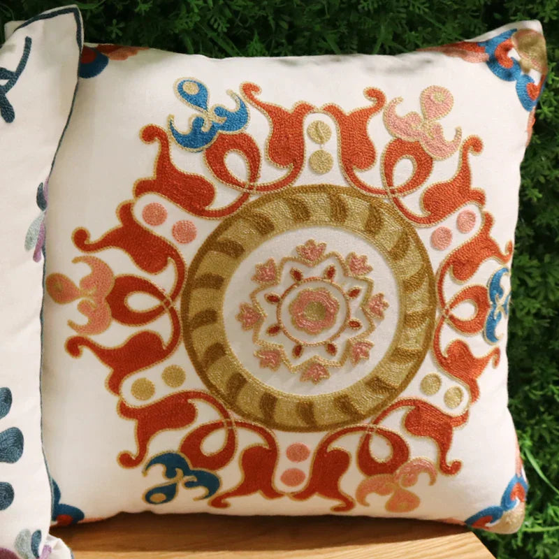 DecorBites™ Ethnic Flower Elephant Pillowcase, Hand-Embroidered Boho Cushion Cover