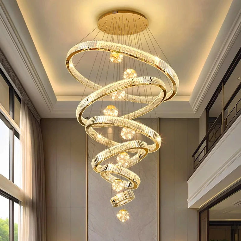 Modern Crystal Ring Staircase Chandelier Pendant Light