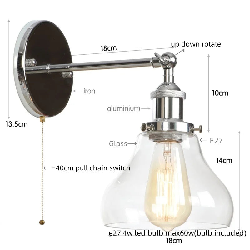 DecorBites™ Black Iron LED Wall Lights Industrial Pull Chain Switch Bedroom Dining Room Loft