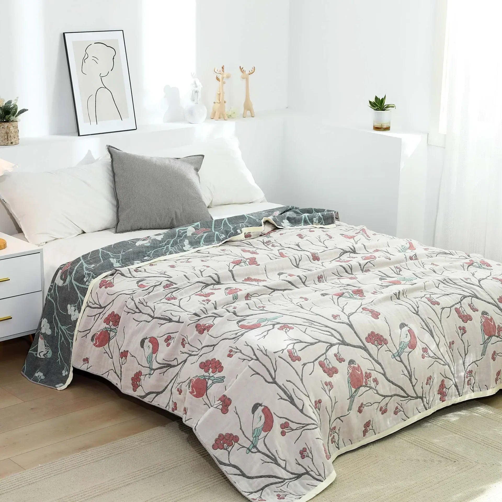 DecorBites™ 100% Cotton Gauze Summer Blanket - Soft Floral Throws for Sofa and Bed