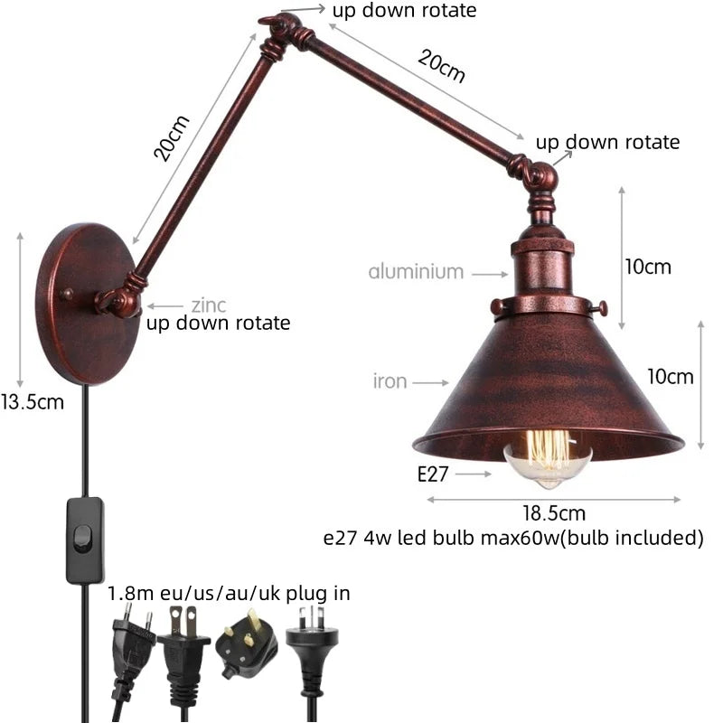 DecorBites™ Gold Long Arm LED Wall Sconce with Pull Chain Switch, Adjustable Industrial Bedside Lamp