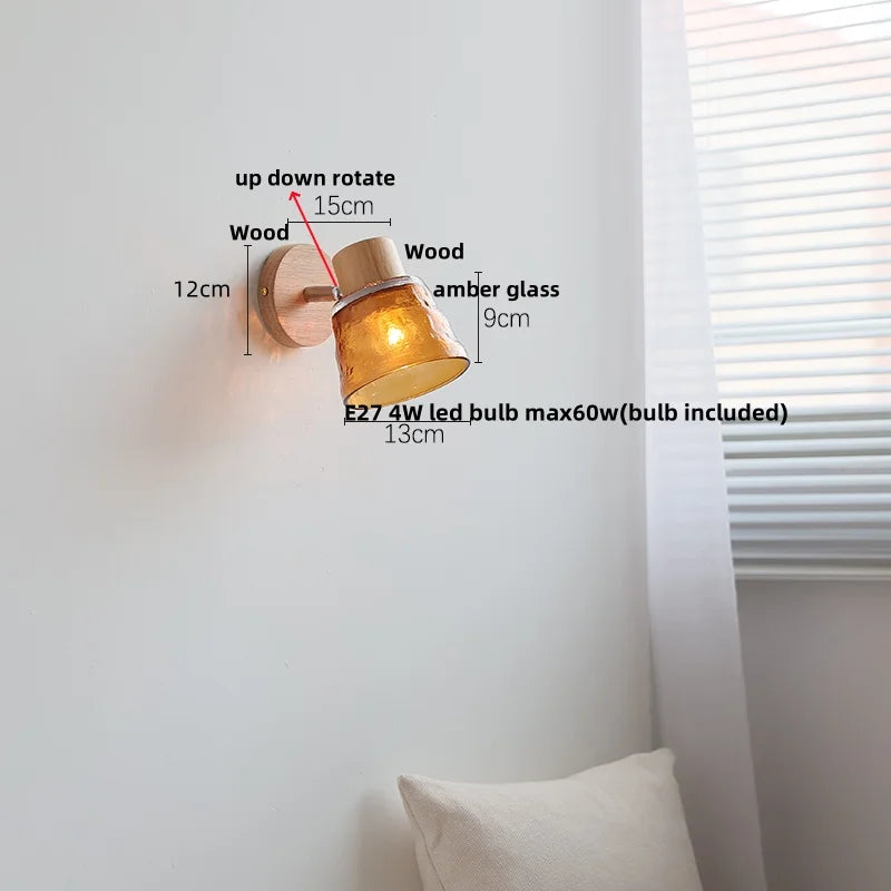 DecorBites™ Amber Glass LED Wall Sconce Nordic Modern Wood Pull Chain Switch Stair Light