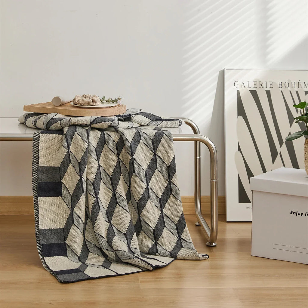 DecorBites™ 3D Cube Cotton Knitted Plaid Blanket - Soft and Cozy Nordic Bedspread