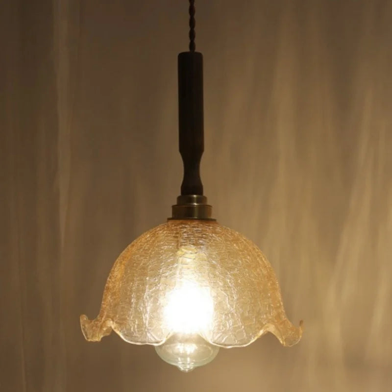DecorBites™ Amber Glass LED Pendant Lamp with Walnut Wood Accent - Modern Nordic Hanging Light