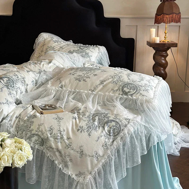 DecorBites™ French Lace Ruffles Princess Bedding Set - Velvety Warm Quilt Cover, Bed Skirt, Bedspread, Pillowcases