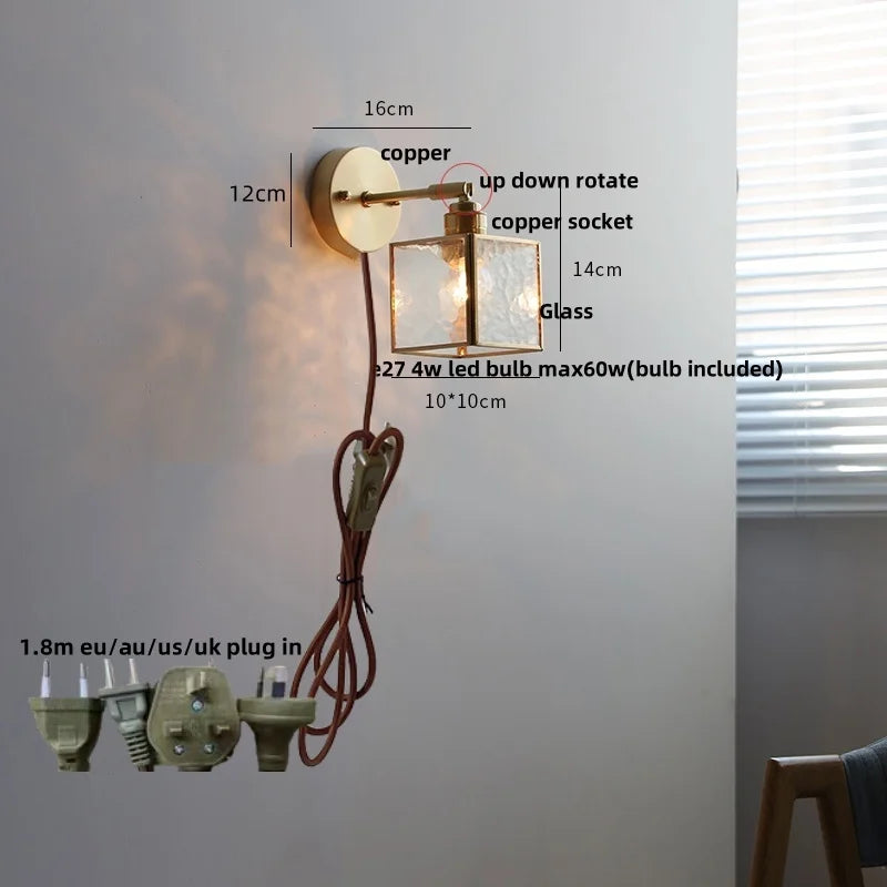 DecorBites™ مصباح حائط LED على الطراز الياباني مع مفتاح سحب زجاجي شفاف ومصباح بجانب السرير