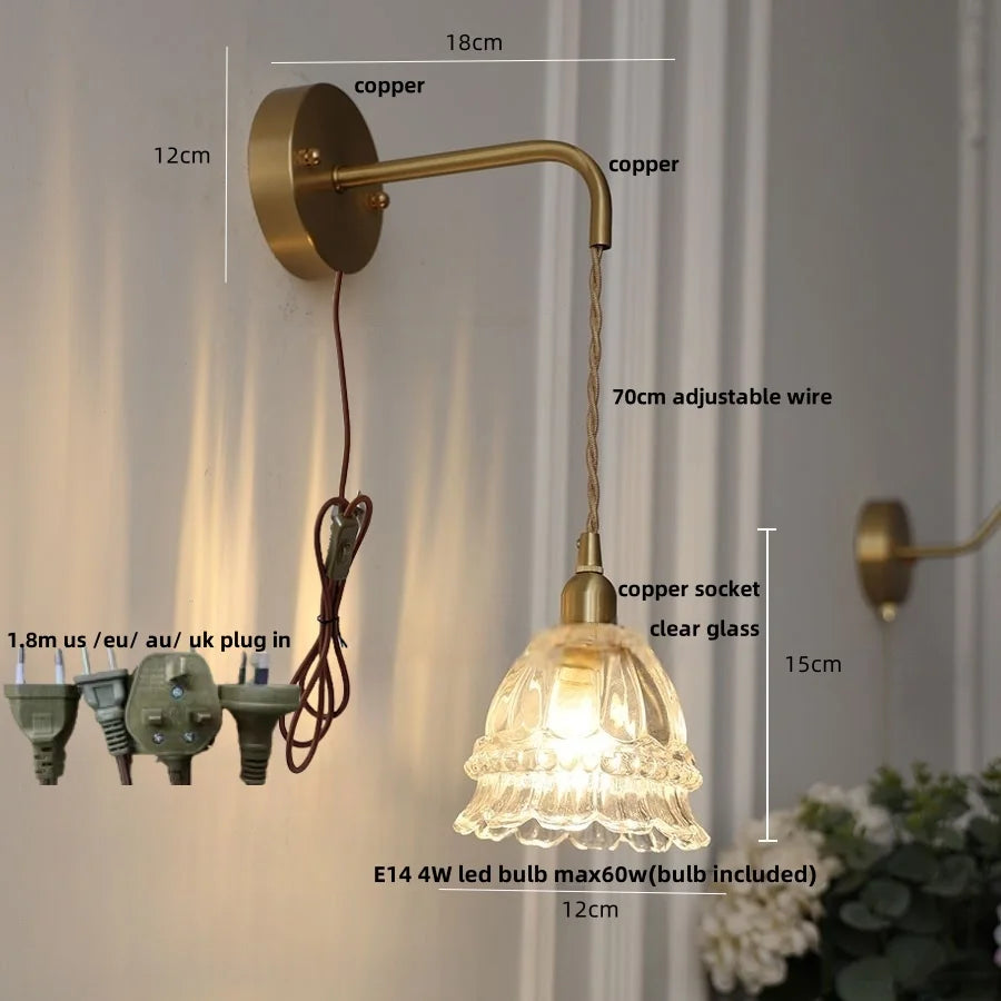 DecorBites™ Amber Glass LED Wall Light with Pull Chain Switch, Modern Nordic Flower Wall Sconce