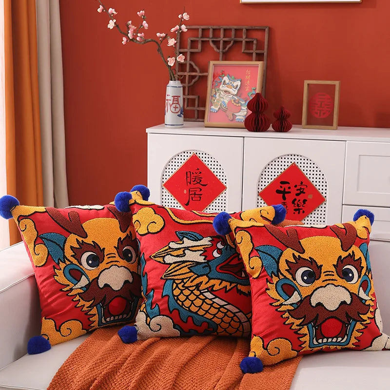 DecorBites™ Dragon Year Cushion Cover 45x45cm Decorative Throw Pillow with Hair Ball Embroidery