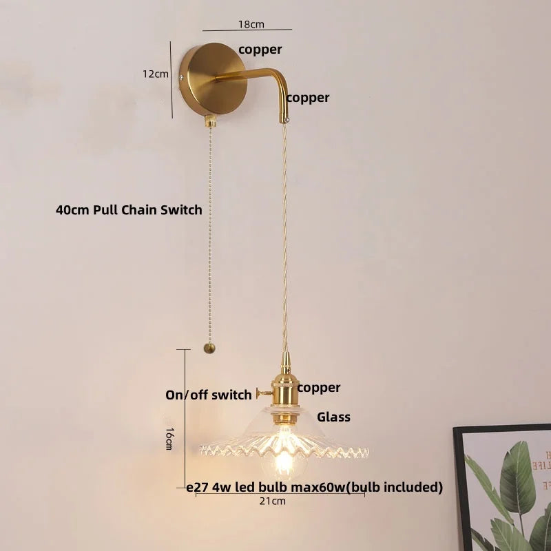 مصابيح جدارية نحاسية زجاجية DecorBites™ LED | مفتاح بسلسلة سحب | مصباح حمام قابل للتعديل
