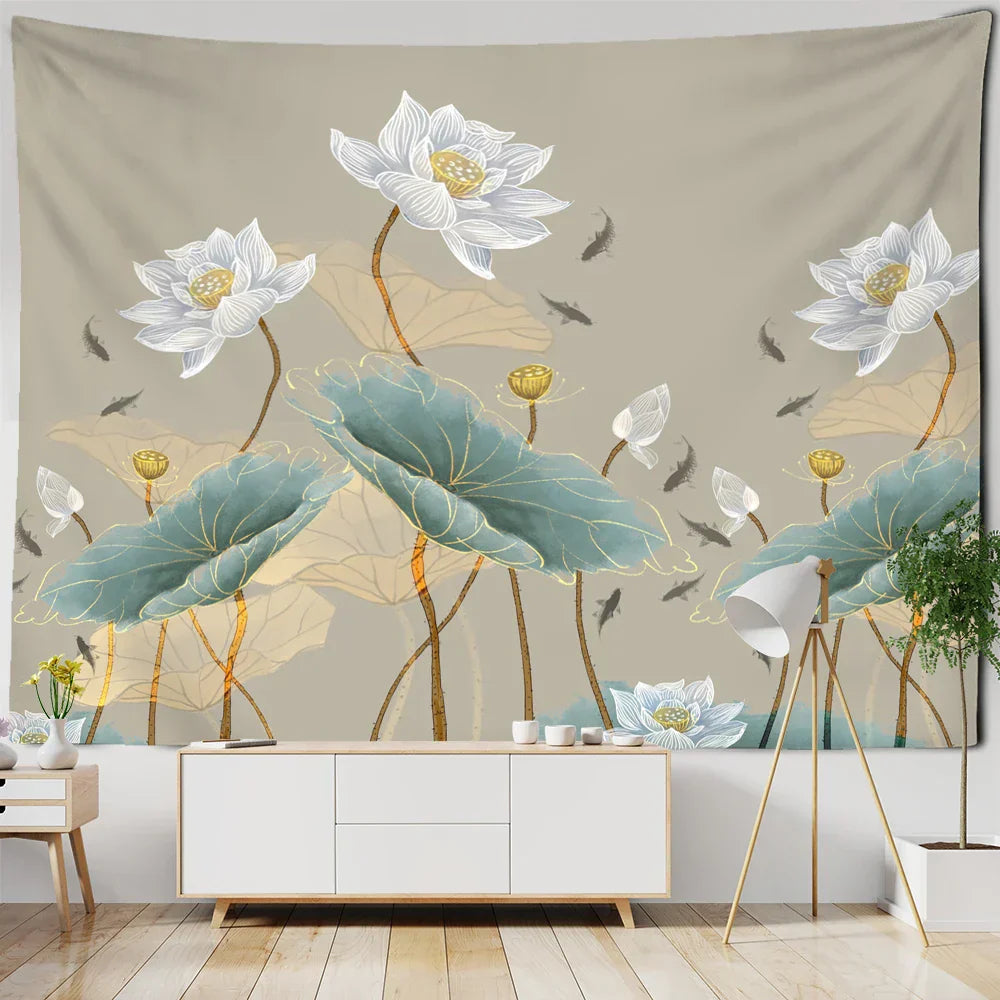 DecorBites™ نسيج معلق على الحائط بزخرفة أسماك الكوي وزهور اللوتس - ديكور منزلي بلمسة بوهيمية