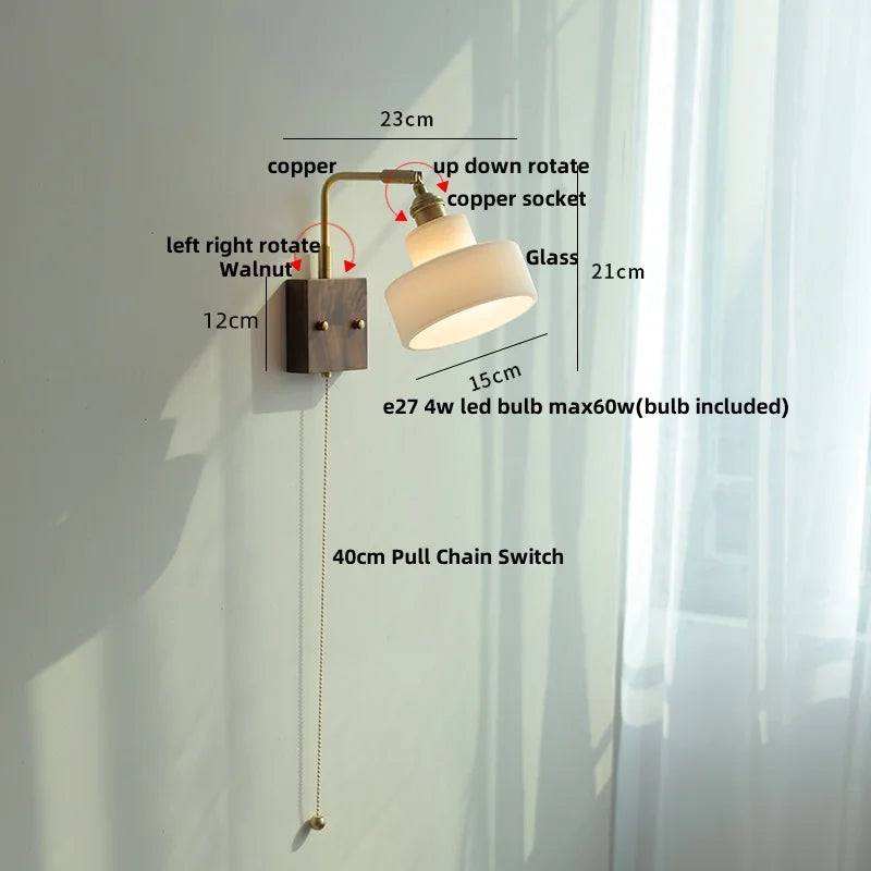 DecorBites™ Copper LED Wall Light Sconce Pull Chain Switch Rotatable Bedside Lamp