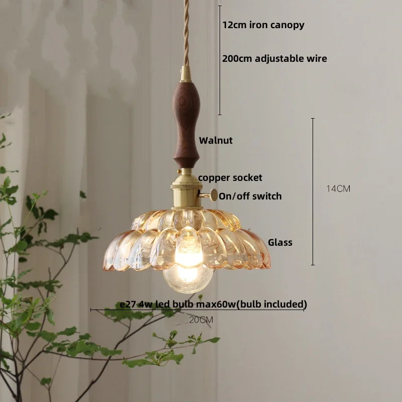 DecorBites™ Amber Glass Walnut Wood LED Pendant Lamp with Copper Knob Switch