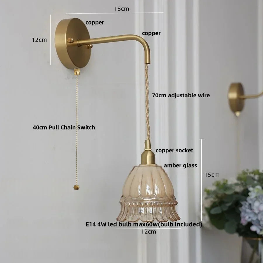DecorBites™ Amber Glass LED Wall Light with Pull Chain Switch, Modern Nordic Flower Wall Sconce
