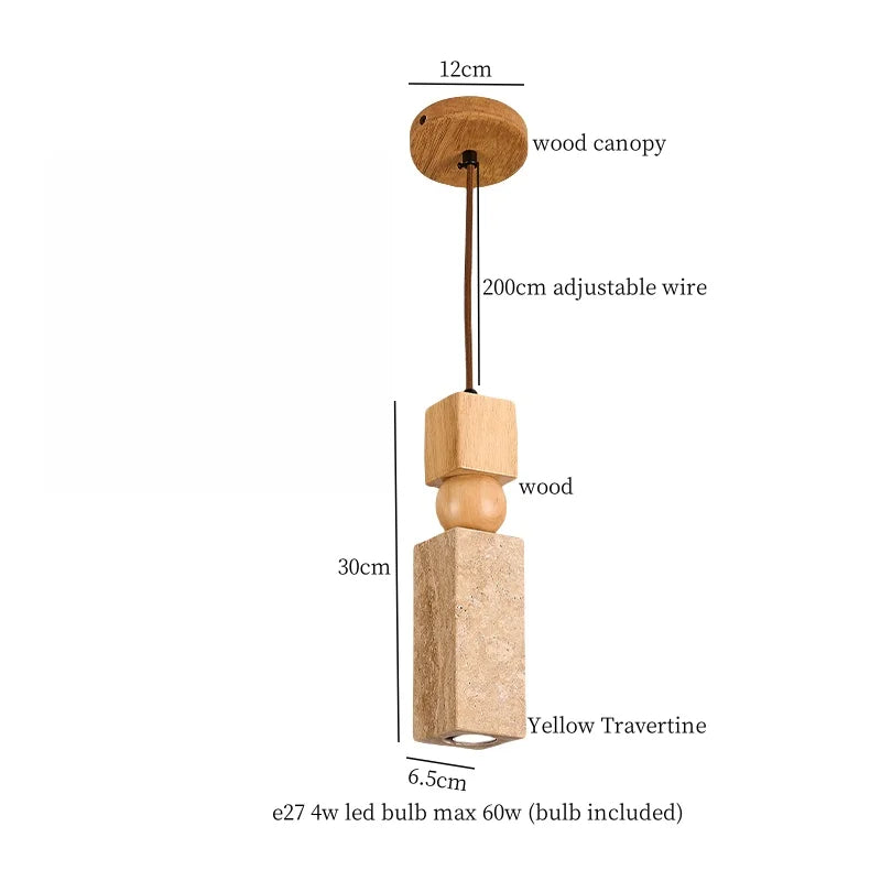 DecorBites™ Cuboid Stone LED Pendant Lights Wood Yellow Travertine Interior Lighting Hanging Lamp